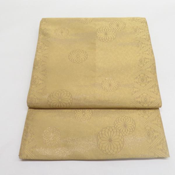 袋帯 紹巴織 君子菊文様 正絹 六通柄 黄土色 セミフォーマル 仕立て上がり 着物帯 長さ432cm