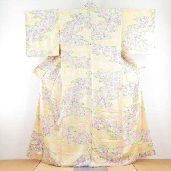 小紋 紫陽花文様 暈し 袷 広衿 黄色 正絹 仕立て上がり カジュアル着物 身丈158cm