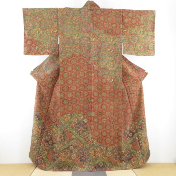 小紋 インド更紗文様 袷 広衿 茶紫色 正絹 仕立て上がり カジュアル着物 身丈157cm