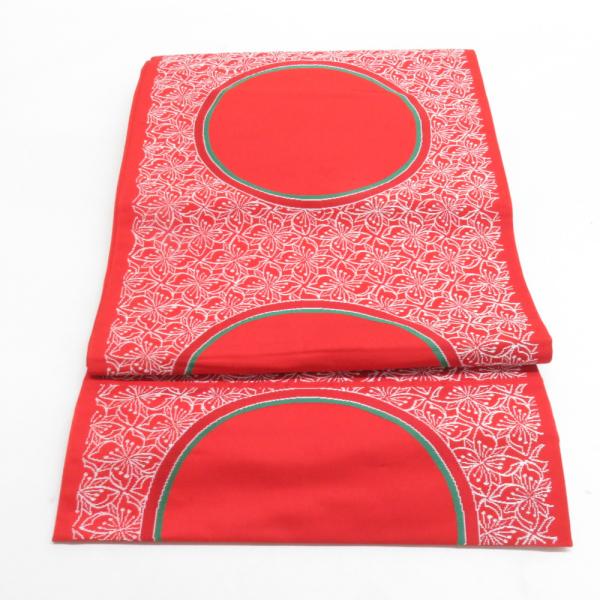 袋帯 花に丸文様 橙色 正絹 六通柄 カジュアル 仕立て上がり 着物帯 長さ420cm