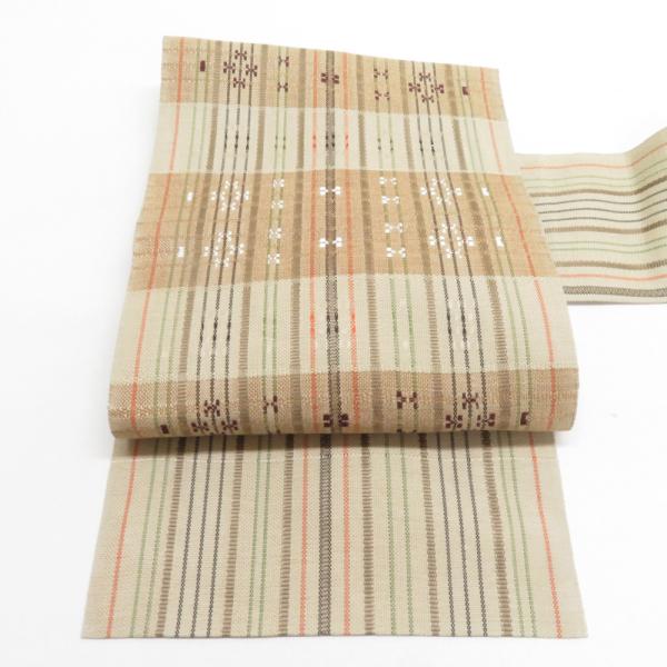 名古屋帯 正絹 浮き織り 紬地 縞柄 八寸帯 薄茶色 カジュアル 仕立て上がり 着物帯 長さ370c...