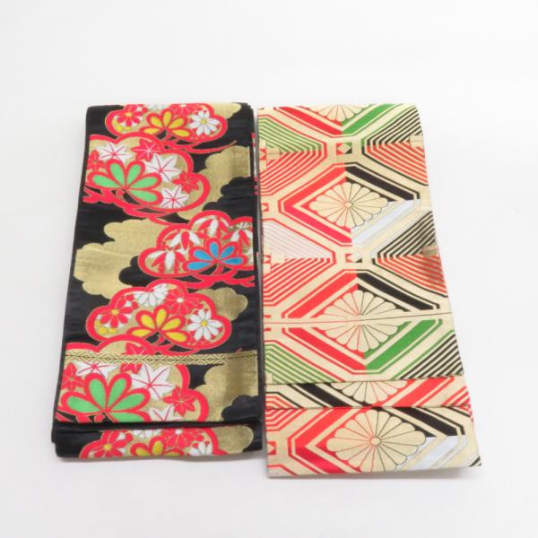 子供帯 2本セット 黒色 金色 金糸 松 菊 女児用 全通柄 織文様 アセテート ポリエステル 洗え...