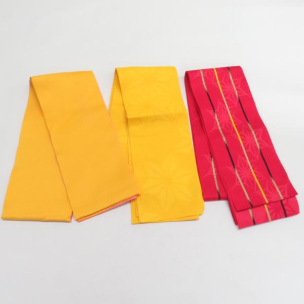 浴衣帯 3本セット ポリエステル100% イエロー レッド 麻の葉 無地 袴下帯 半巾帯 細帯 洗え...