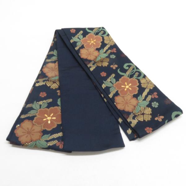 半幅帯 ポリエステル 桜柄 紺色 洗える 半巾帯 着物帯 長さ390cm