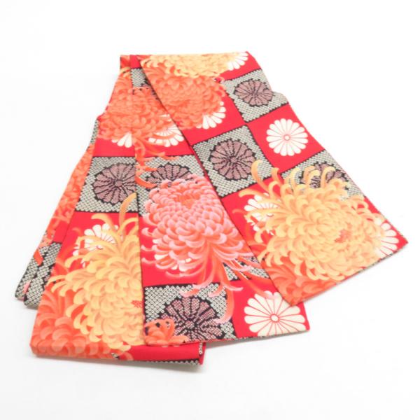 半幅帯 ウールモス 市松に菊柄 朱色 レトロ 半巾帯 着物帯 長さ352cm