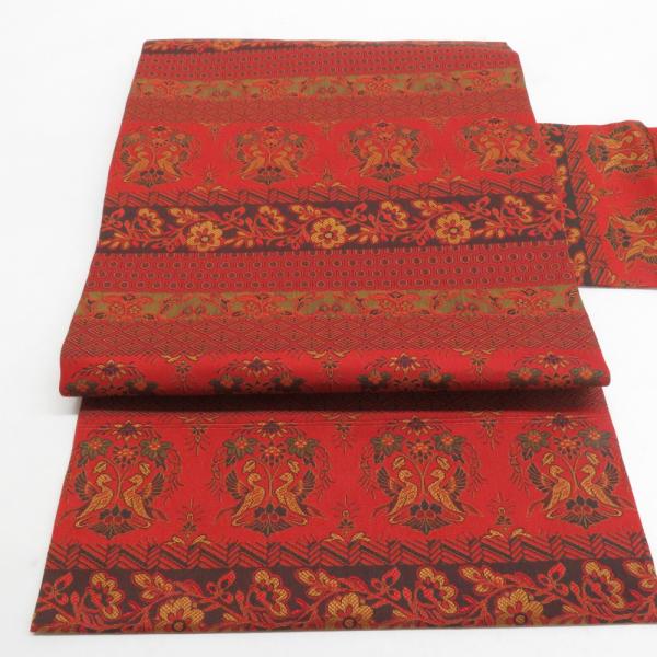 名古屋帯 紹巴織 横段花鳥文様 赤橙色 正絹 九寸なごや帯 全通柄 カジュアル 着物帯 長さ365c...