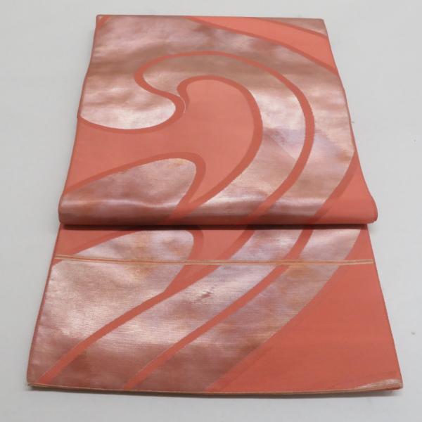 袋帯 流水文 茶橙色 箔糸 正絹 六通柄 仕立て上がり 着物帯 長さ432cm