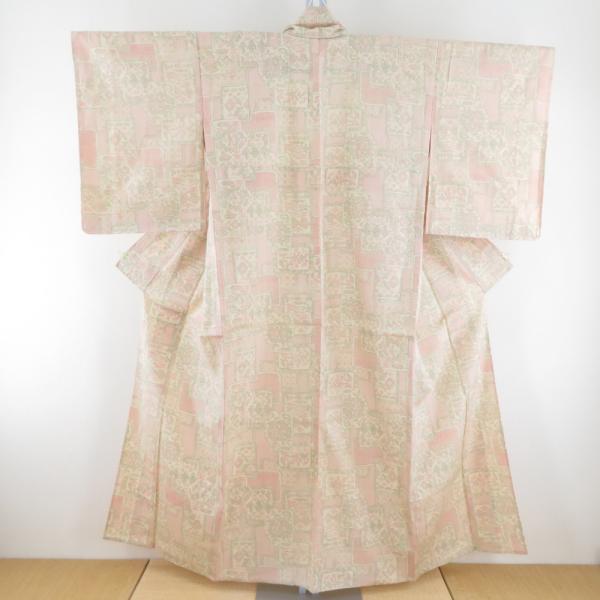 小紋 紬地 幾何学文様 単衣 広衿 ベージュ色 正絹 仕立て上がり カジュアル着物 身丈153cm