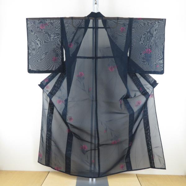 夏着物 単衣 紗 バチ衿 花模様 正絹 紺色ｘピンク色 夏用 カジュアル 仕立て上がり 身丈158c...