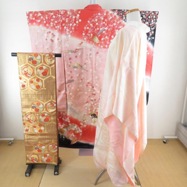 振袖 正絹 3点セット【着物 長襦袢 袋帯】ピンク色ｘ赤色ｘ黒色 扇子に桜文様 箔入り ぼかし 仕立...