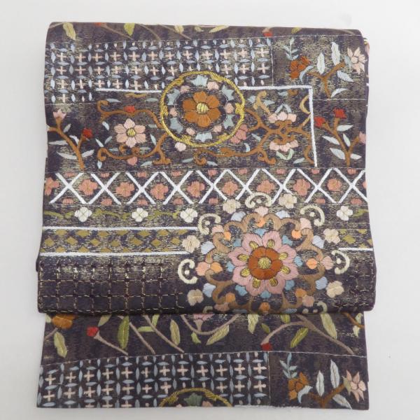 袋帯 スワトー刺繍 正絹 金糸 華文様 茄子色ｘ多色 六通柄 仕立て上がり 着物帯 長さ440cm