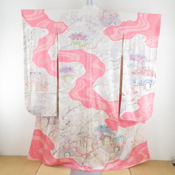 振袖 正絹 ピンク色ｘ白色ｘ多色 ぼかし 絞り 御所車に花々文様 袷 広衿 成人式 卒業式 フォーマ...