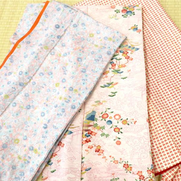 小紋 正絹 サイズ小さめ 3点セット クリーム ピンク 花 風景 蝶 女性着物 カジュアル 普段着物...