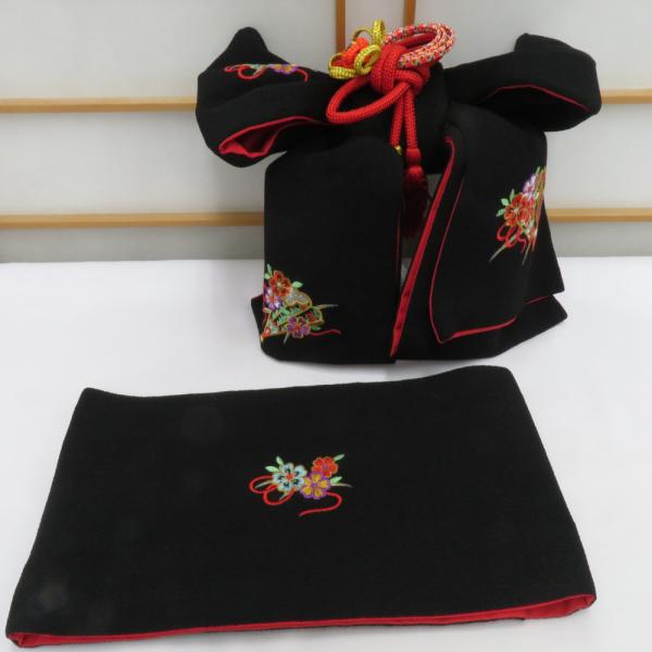 子供着物 女児用 子ども用 作り帯 結び帯 7歳用 ブラック 花・扇子 刺繍 縮緬 七五三 祝着 晴...
