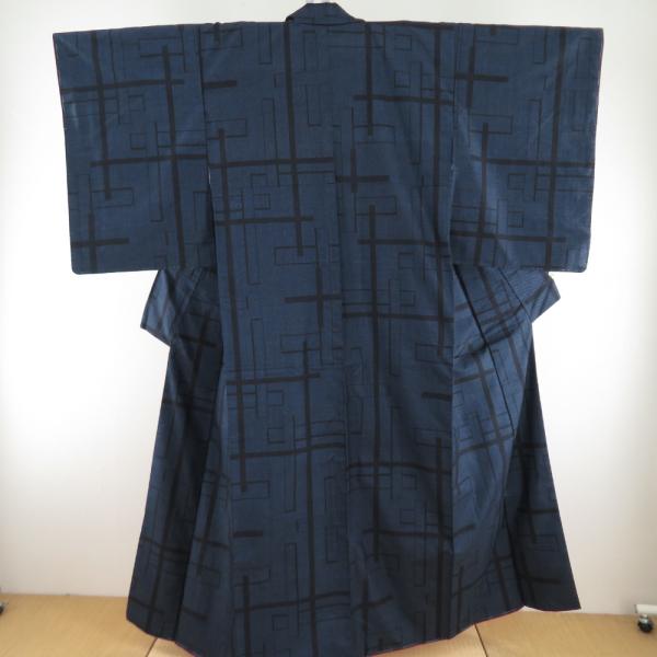 紬 着物 十字絣柄 正絹 黒色ｘ深青色 袷 広衿 カジュアル 仕立て上がり着物 身丈154cm 美品