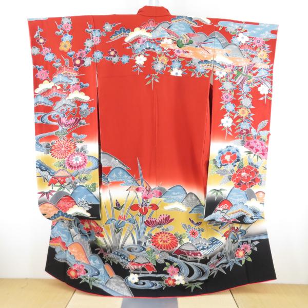振袖 紅型 風景模様 松竹梅 鳥に流水文様 正絹 袷 広衿 朱色ｘ黒色 ぼかし 成人式 卒業式 フォ...