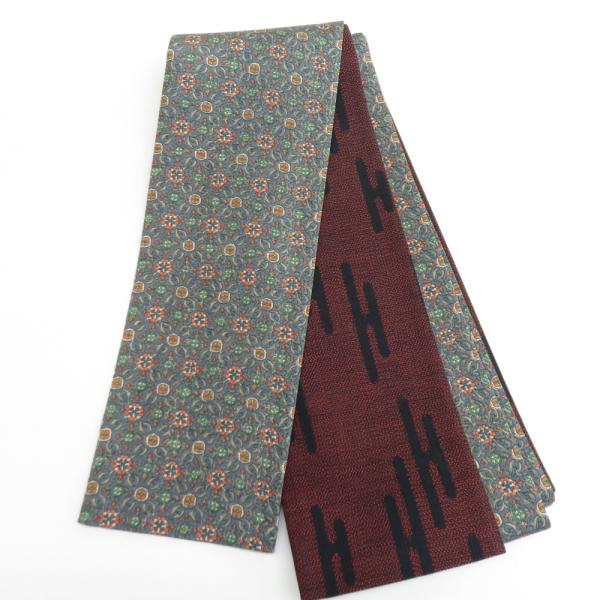 半幅帯 リバーシブル半巾帯 正絹 巾:約15.5cm×長さ:約380cm 紬×小紋 朱色x灰色 霞模...