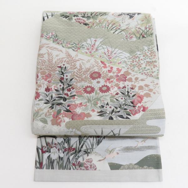 袋帯 花に鳥模様 正絹 洒落袋帯 紹巴織り ベージュ色ｘピンク色 六通柄 仕立て上がり 長さ456c...