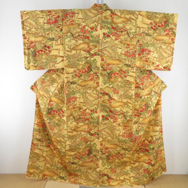 小紋 平安風景に枝花文様 袷 バチ衿 黄色 正絹 仕立て上がり カジュアル着物 身丈160cm