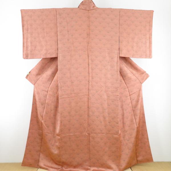 小紋 笹に梅文様 袷 広衿 茶橙色 正絹 仕立て上がり カジュアル着物 身丈160cm