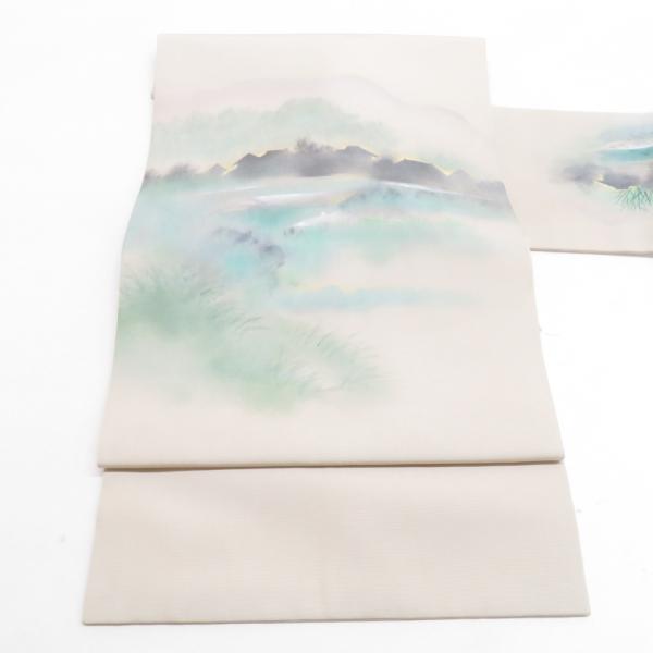 名古屋帯 正絹 塩瀬 灰茶地 田舎風景柄 お太鼓柄 九寸帯 カジュアル 仕立て上がり 着物帯 長さ3...