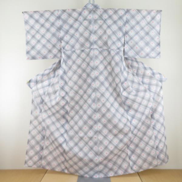 夏着物 単衣 絽 ポリエステル 洗える着物 夏用 小紋 格子に絣調 白ｘ黒ｘ紫ｘピンク バチ衿 仕立...