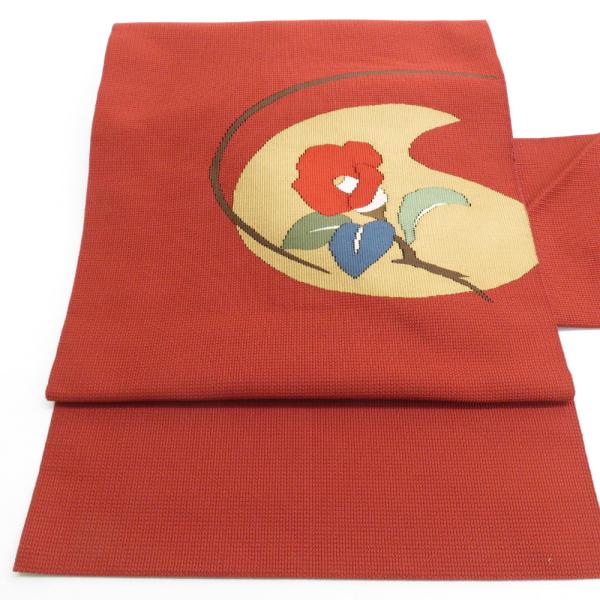 名古屋帯 正絹 紬 臙脂色 椿文様 お太鼓柄 九寸帯 カジュアル 仕立て上がり 着物帯 長さ375c...