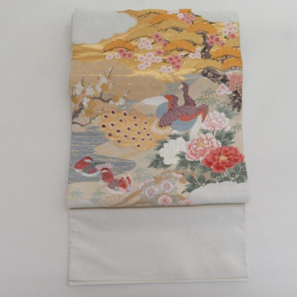 袋帯 正絹 お太鼓柄 オシドリ柄 刺繍入り 銀糸金糸 ゴールドｘシルバーｘ多色 礼装 フォーマル 仕...