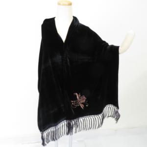 ショール ベルベットショール 更紗模様 黒x茶色 組成ベースシルク100