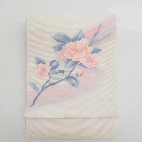 名古屋帯 絽 夏用 花文様 クリーム色ｘ薄ピンクｘ薄紫色 パステル計 銀糸 ラメ入り お太鼓柄 芯入...