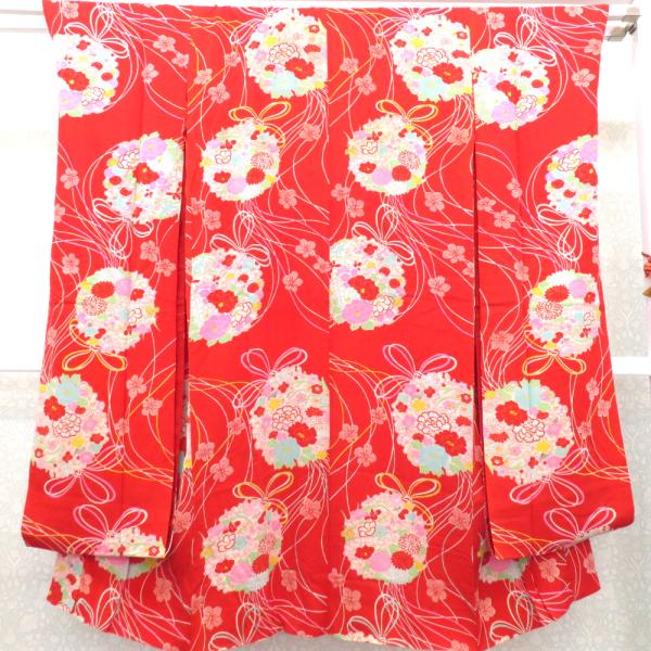 襦袢 振袖用 昔 花くす玉文様 希少 赤 多色 アンティーク 正絹 フォーマル アンティーク襦袢 大...