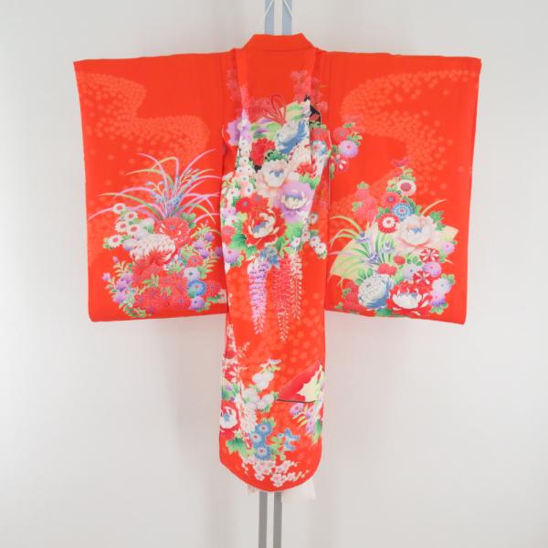 子供着物 女の子用 一つ身 襦袢とセット オレンジ色ｘ多色 花々文様 フォーマル 女児 七五三 祝着...