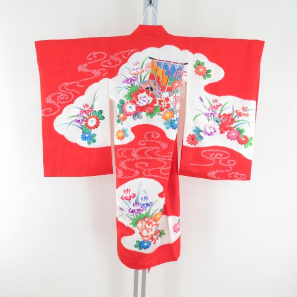 子供着物 女の子用 一つ身 正絹 赤色ｘ白色ｘ多色 絞り 鼓に花々紋様 フォーマル 女児 七五三 祝...