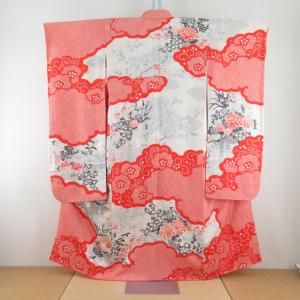 振袖 紅型 風景模様 松竹梅 鳥に流水文様 正絹 袷 広衿 朱色x黒色