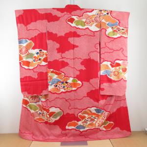 振袖 正絹 赤色ｘ白色ｘ多色 刺繍入り 金銀コマ 絞り 扇面に花紋様 袷 広衿 成人式 卒業式 舞台衣装 フォーマル 仕立上り 着物 身丈163cm 【キモノオフ野々市若松店】 振袖 正絹 赤色x白色x多色 刺繍入り 金銀コマ 絞り 扇面に花紋様 袷