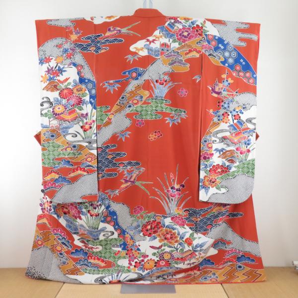 振袖 正絹 薄茶色ｘ多色 型染め 風景に花鳥紋様 袷 広衿 成人式 卒業式 舞台衣装 フォーマル 仕...