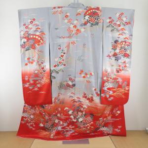 振袖 正絹 ピンク色x白色x多色 ぼかし 絞り 御所車に花々文様 袷 広