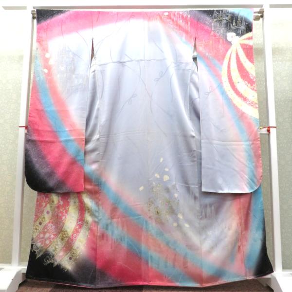 振袖 正絹 Ｄ＆Ｅ ＥＭＡＮＵＥＬ 黒 金 水色 ピンク 多色 宮殿 宝石 レース 袷 広衿 成人式...