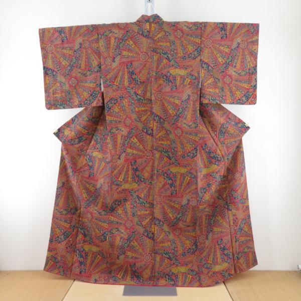 小紋 更紗模様 オレンジ色ｘ黄色ｘ青色ｘ多色 袷 バチ衿 正絹 カジュアル 仕立て上がり着物 身丈1...