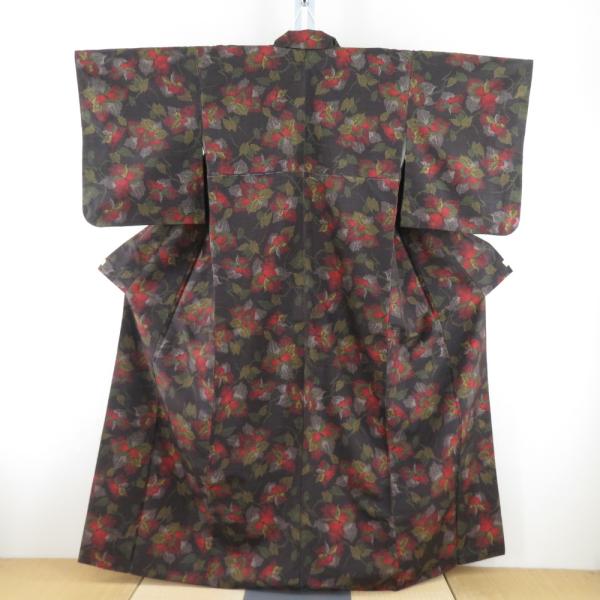 紬 着物 草花模様 正絹 茶色ｘ朱色 袷 広衿 カジュアル 仕立て上がり着物 身丈158cm