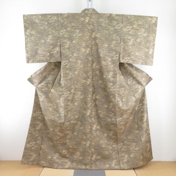 紬 着物 葉っぱ模様 正絹 薄茶色ｘ砂折 袷 広衿 カジュアル 仕立て上がり着物 身丈159cm