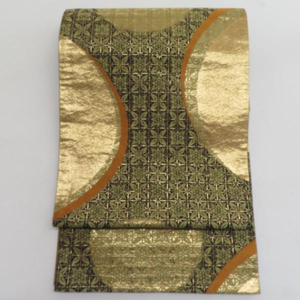 袋帯 全通柄 丸模様 金ｘ黒ｘ黄色 金糸 六通柄 正絹 仕立て上がり 着物帯 長さ432cm