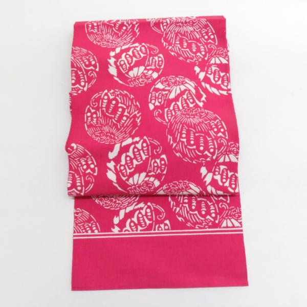 名古屋帯 作家物 木綿 型染め 丸に揚羽蝶紋 赤ピンクｘ白 開き仕立て 全通柄 カジュアル 仕立て上...