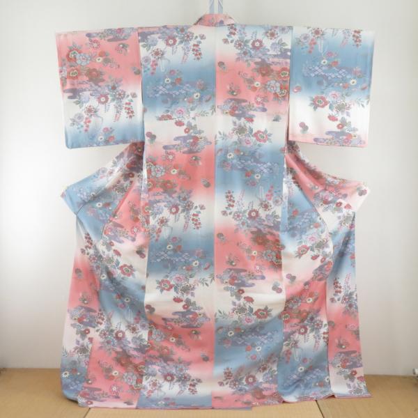 小紋 霧に花模様 ぼかし染め 青ｘピンク 箔入り 紗綾形地紋 金ｘ銀 袷 広衿 正絹 仕立て上がり ...