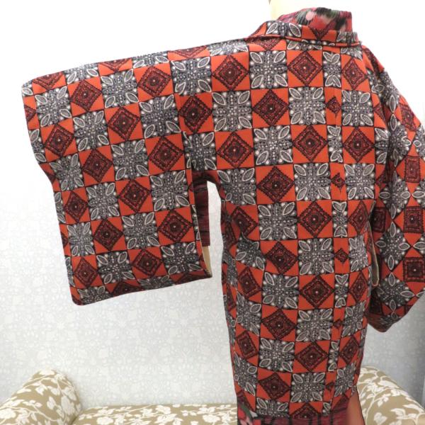 羽織 アンティーク 昔羽織 正絹 オレンジ 黒 白 市松 ブロックチェック レトロ 明治・大正ロマン...