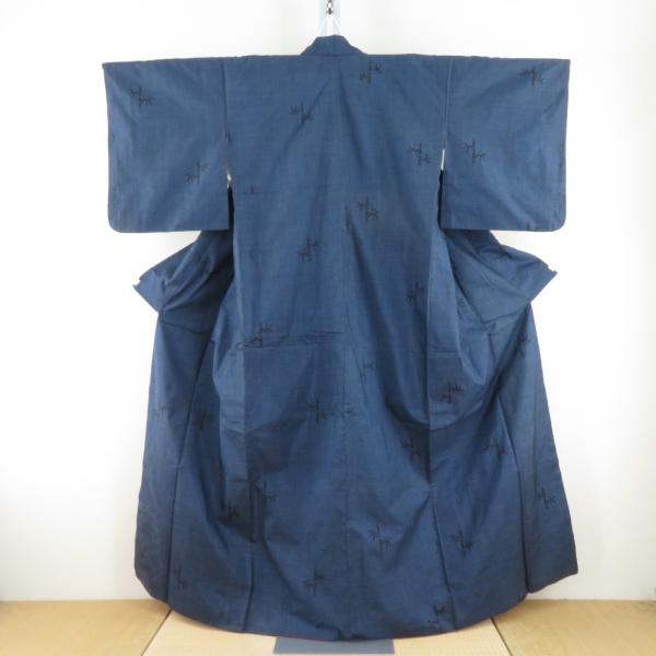 紬 着物 大島紬 竹模様 紺色ｘ黒色 正絹 袷 広衿 カジュアル 仕立て上がり着物 身丈159cm