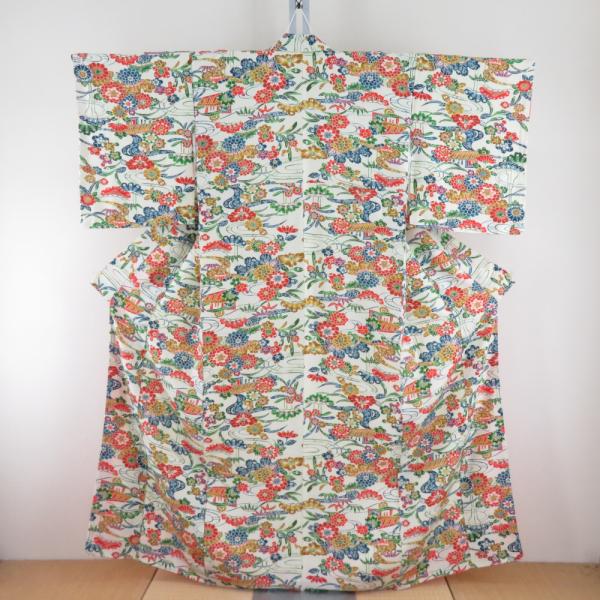小紋 型染め クリーム色ｘ多色 カラフル 流水に花々模様 バチ衿 正絹 仕立て上がり着物 身丈159...