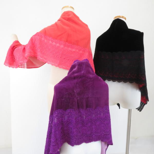 ショール 3点セット レーヨン ベルベットショール 黒ｘ赤ピンクｘ紫色