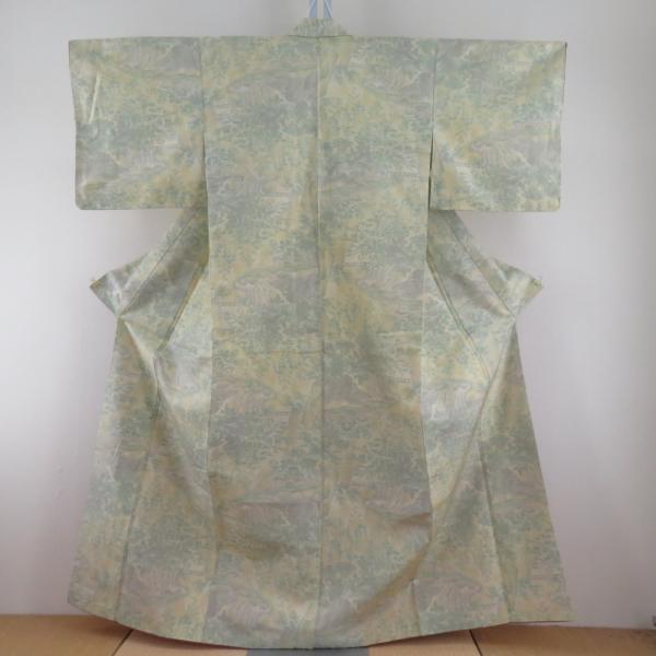 紬 着物 黄色ｘ緑 風景模様 袷 広衿 正絹 仕立て上がり着物 身丈158cm