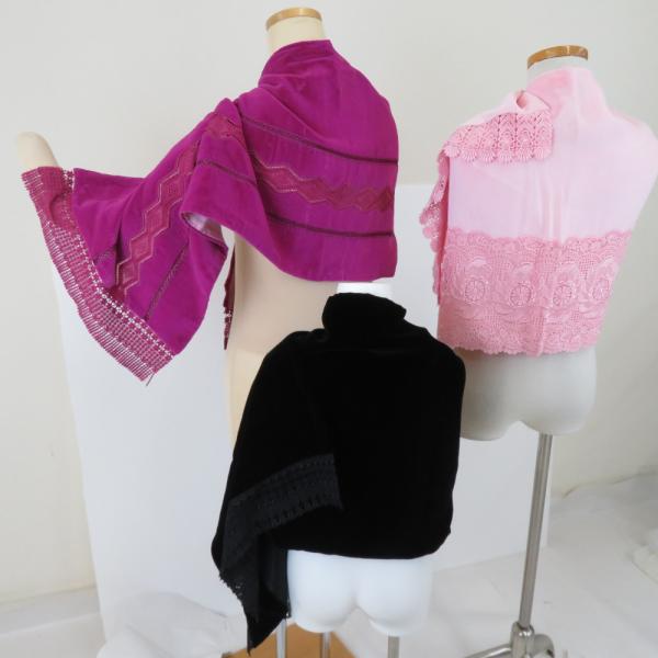 ショール 3点セット レーヨン ベルベットショール 黒ｘつつじ色ｘ薄ピンク色
